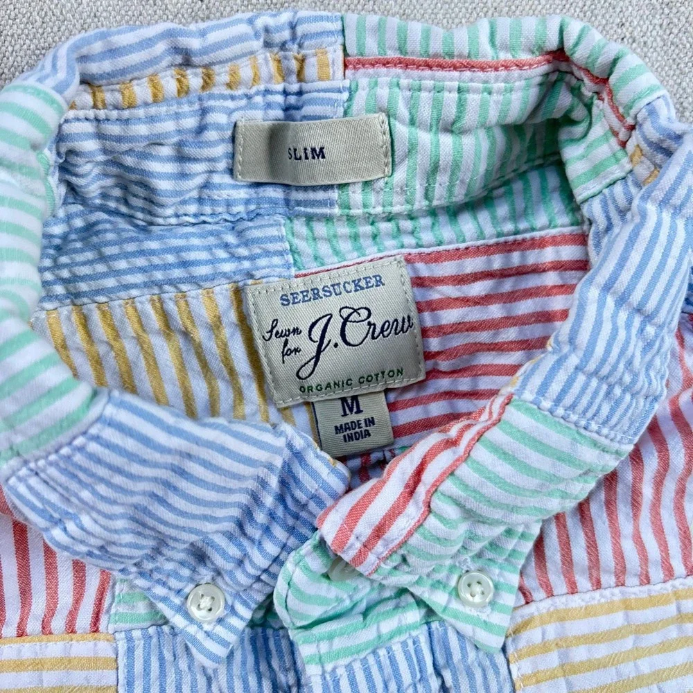 J.Crew Mens Slim Fit Seersucker Patchwork Shirt Multi‎ Color Striped Org Cotton